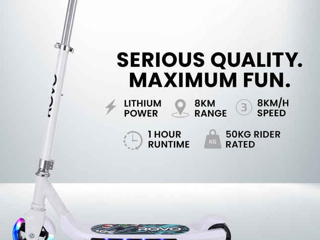 ROVO KIDS WhizKid Electric Scooter, Ages 5-11, Adjustable Height, AU Compliant, Lithium Battery, Brushless Motor, White