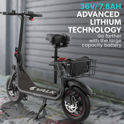 VALK Electric Scooter with Seat, Disc brakes, 12" Tyres, AU Compliant, for Adults, Teens, Commuter, Black