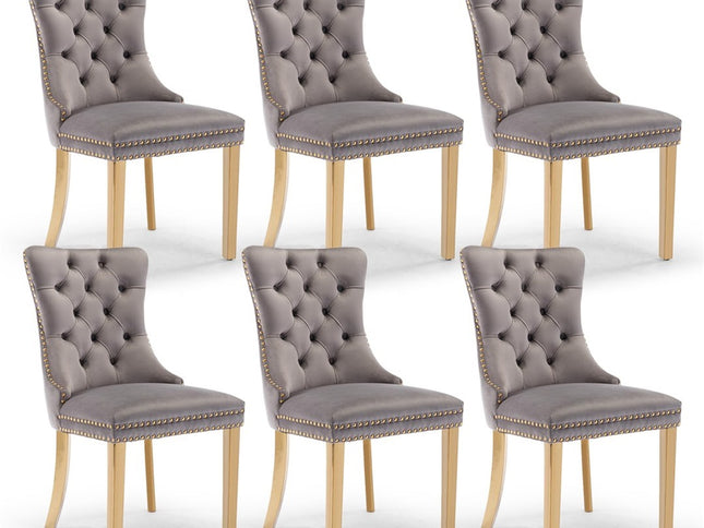 AADEN 6x Velvet Dining Chairs with Golden Metal Legs-Grey