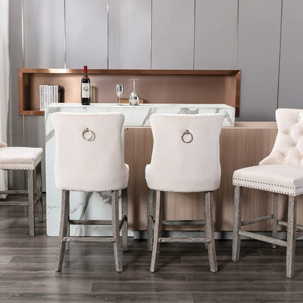 4X Velvet Bar Stools with Studs Trim Wooden Legs Tufted Dining Chairs Kitchen