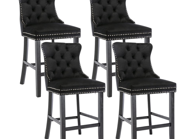 4X Velvet Bar Stools with Studs Trim Wooden Legs Tufted Dining Chairs Kitchen
