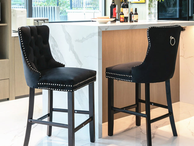 4X Velvet Bar Stools with Studs Trim Wooden Legs Tufted Dining Chairs Kitchen