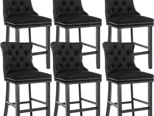 6X Velvet Bar Stools with Studs Trim Wooden Legs Tufted Dining Chairs Kitchen