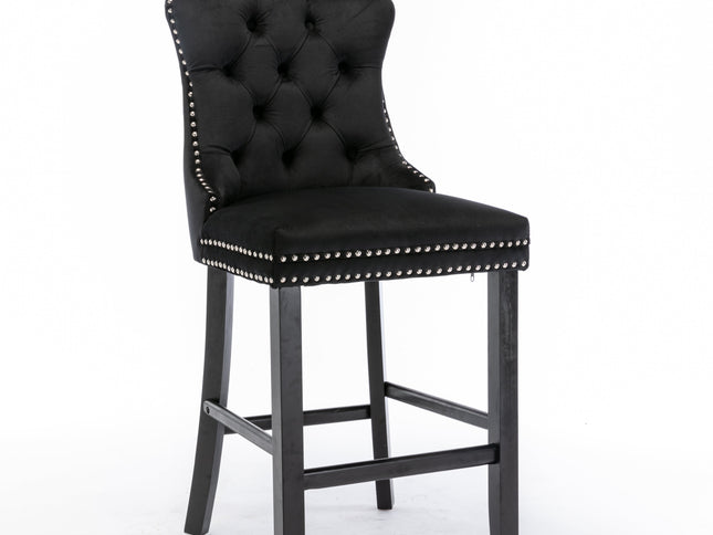 2X Velvet Bar Stools with Studs Trim Wooden Legs Tufted Dining Chairs Kitchen