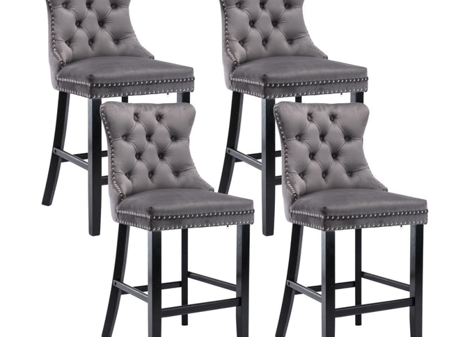 4X Velvet Bar Stools with Studs Trim Wooden Legs Tufted Dining Chairs Kitchen