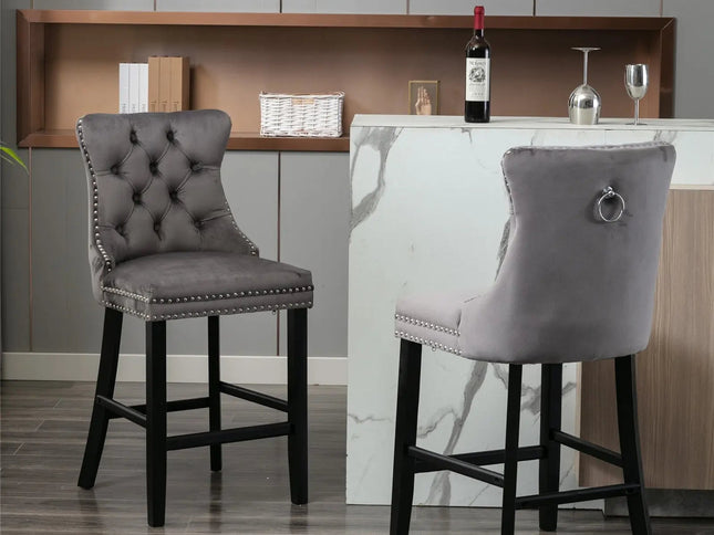 4X Velvet Bar Stools with Studs Trim Wooden Legs Tufted Dining Chairs Kitchen