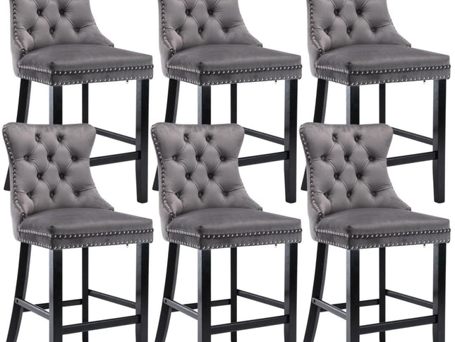 6X Velvet Bar Stools with Studs Trim Wooden Legs Tufted Dining Chairs Kitchen