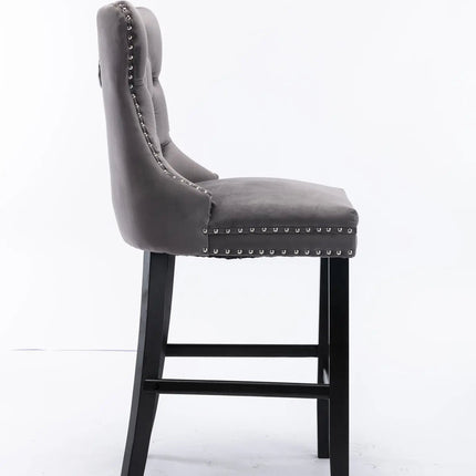 6X Velvet Bar Stools with Studs Trim Wooden Legs Tufted Dining Chairs Kitchen