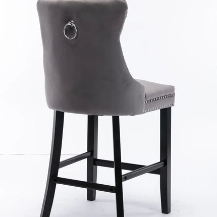 6X Velvet Bar Stools with Studs Trim Wooden Legs Tufted Dining Chairs Kitchen