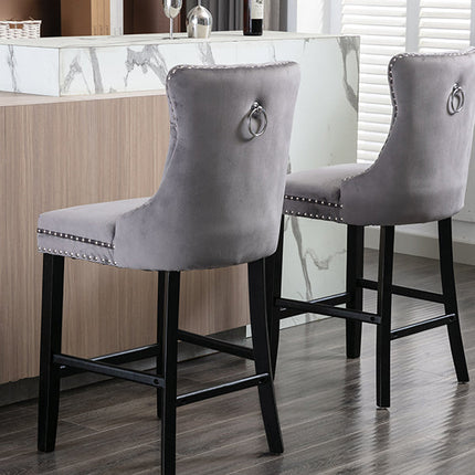 6X Velvet Bar Stools with Studs Trim Wooden Legs Tufted Dining Chairs Kitchen