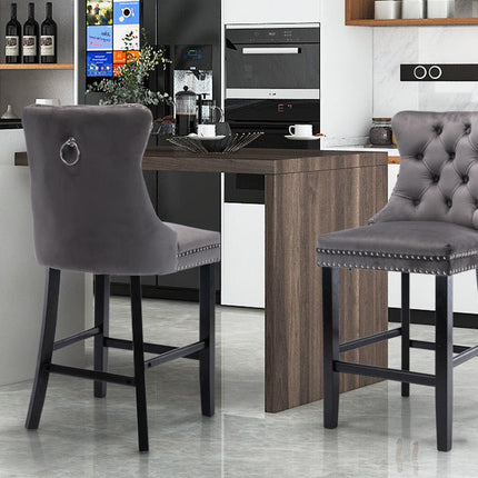 6X Velvet Bar Stools with Studs Trim Wooden Legs Tufted Dining Chairs Kitchen