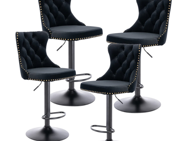 4x Height Adjustable Swivel Bar Stool Velvet Nailhead Barstool with Footrest