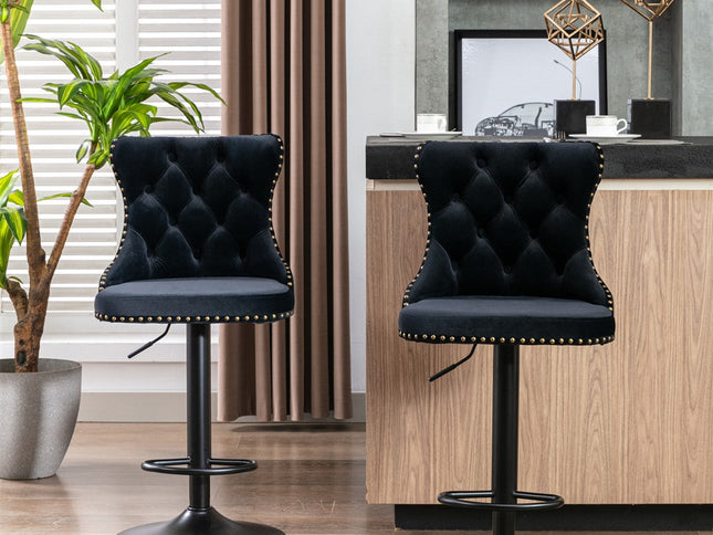 2x Height Adjustable Swivel Bar Stool Velvet Nailhead Barstool with Footrest