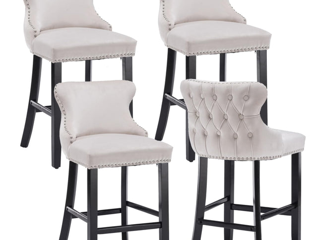 4x Velvet Upholstered Button Tufted Bar Stools with Wood Legs and Studs-Beige