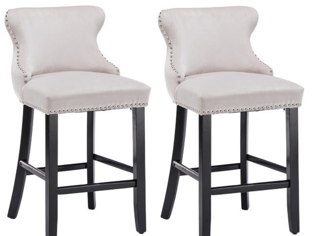 4x Velvet Upholstered Button Tufted Bar Stools with Wood Legs and Studs-Beige