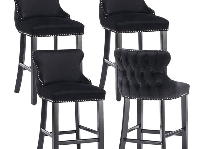 4x Velvet Upholstered Button Tufted Bar Stools with Wood Legs and Studs-Black