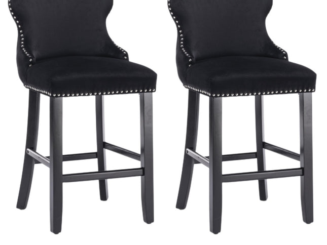 4x Velvet Upholstered Button Tufted Bar Stools with Wood Legs and Studs-Black