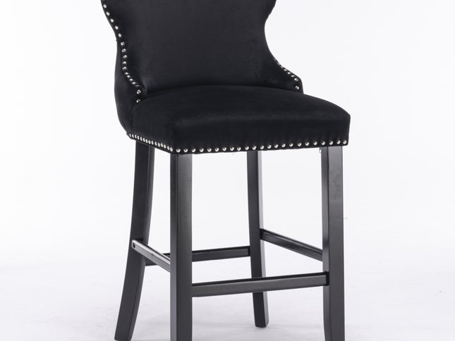 2x Velvet Upholstered Button Tufted Bar Stools with Wood Legs and Studs-Black