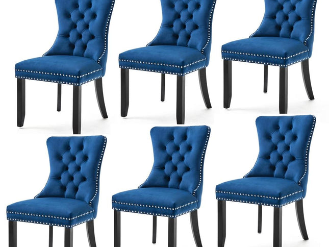 6x Velvet Dining Chairs Upholstered Tufted Kithcen Chair with Solid Wood Legs Stud Trim and Ring-Blue