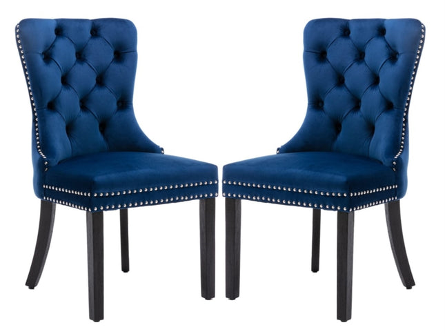 6x Velvet Dining Chairs Upholstered Tufted Kithcen Chair with Solid Wood Legs Stud Trim and Ring-Blue