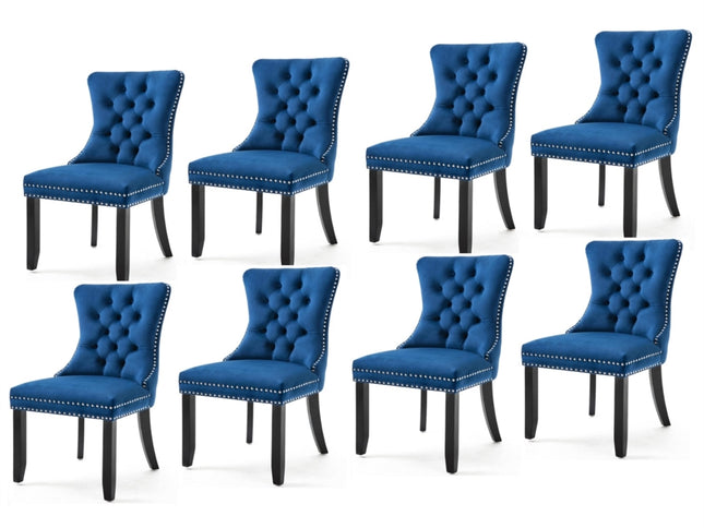 8x Velvet Dining Chairs Upholstered Tufted Kithcen Chair with Solid Wood Legs Stud Trim and Ring-Blue