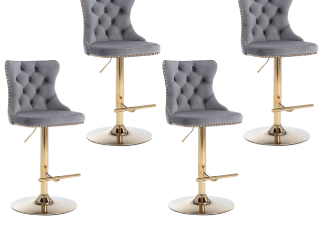 4x Height Adjustable Swivel Bar Stool Velvet Studs Barstool with Footrest and Golden Base- Grey