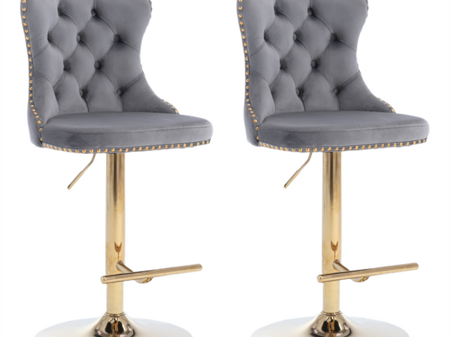 4x Height Adjustable Swivel Bar Stool Velvet Studs Barstool with Footrest and Golden Base- Grey