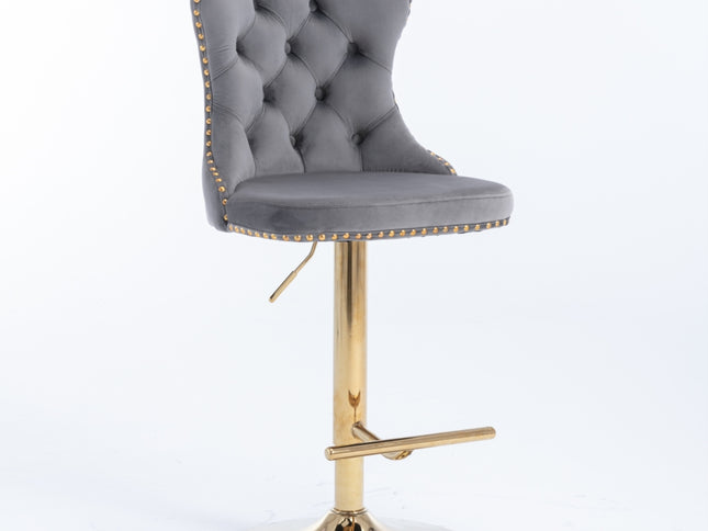 2x Height Adjustable Swivel Bar Stool Velvet Studs Barstool with Footrest and Golden Base- Grey