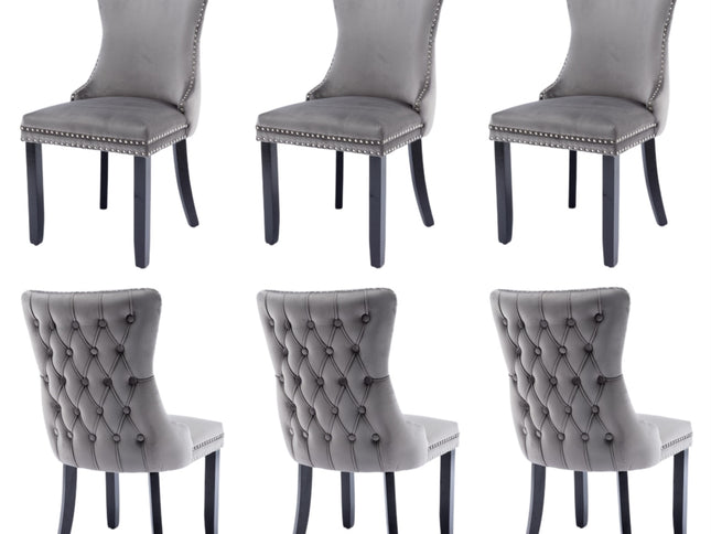 6x Velvet Upholstered Dining Chairs Tufted Wingback Side Chair with Studs Trim Solid Wood Legs for Kitchen