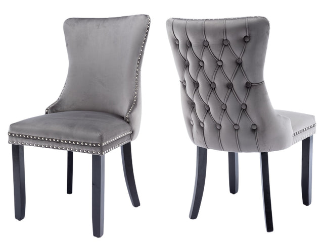 6x Velvet Upholstered Dining Chairs Tufted Wingback Side Chair with Studs Trim Solid Wood Legs for Kitchen