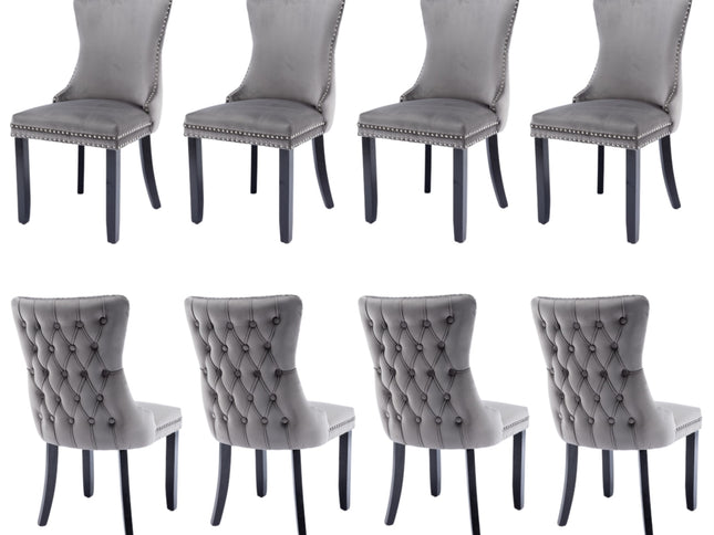 8x Velvet Upholstered Dining Chairs Tufted Wingback Side Chair with Studs Trim Solid Wood Legs for Kitchen