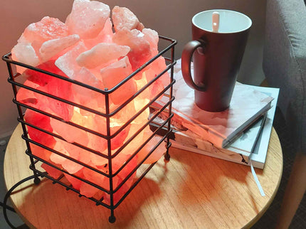 12V 12W Rectangle Iron Basket Himalayan Pink Salt Lamp Rock Crystal Bulb On/Off