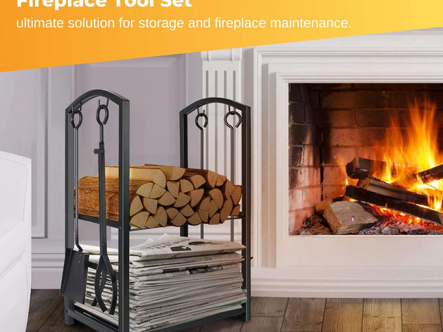 Social Hike Firewood Rack Stand and Fireplace Tool Set for Log Holder Storage