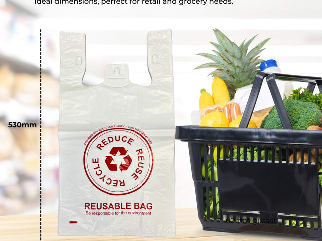 100x Large Reusable Plastic Singlet Shopping Bags - 80% Recycled 38UM Compliant