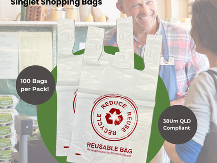 100x Large Reusable Plastic Singlet Shopping Bags - 80% Recycled 38UM Compliant