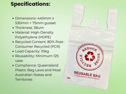 100x Large Reusable Plastic Singlet Shopping Bags - 80% Recycled 38UM Compliant