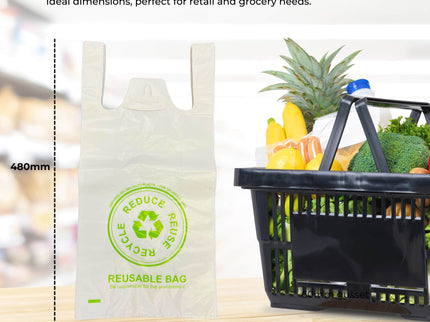 100x Medium Reusable Plastic Singlet Shopping Bags - 80% Recycled 38UM Compliant