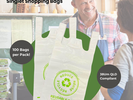 100x Medium Reusable Plastic Singlet Shopping Bags - 80% Recycled 38UM Compliant