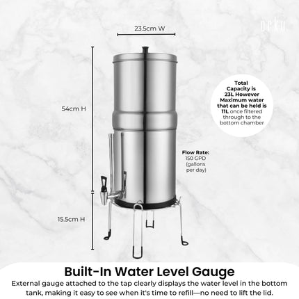 Orku 11L Gravity Benchtop Water Filter + Gauge-Stainless Steel Fluoride Removal