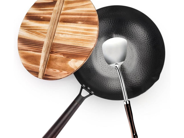 Kitchee 32cm Carbon Steel Wok Set Flat Bottom with Wood Lid + Spatula - Induction Ready