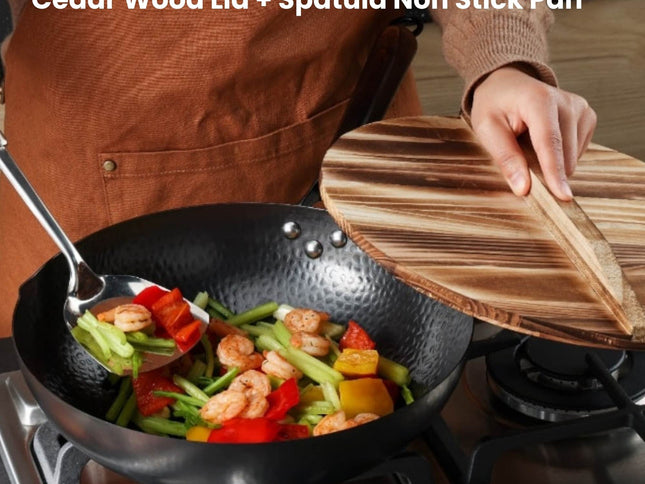 Kitchee 32cm Carbon Steel Wok Set Flat Bottom with Wood Lid + Spatula - Induction Ready