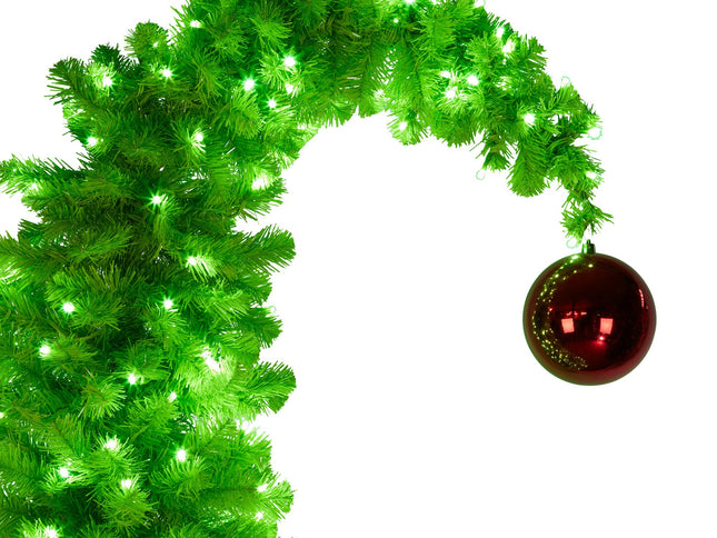 Christabelle 4ft Christmas Gremlin Tree Curved Top Red Bauble Built In Green & White LED Lights Foot Pedal Control