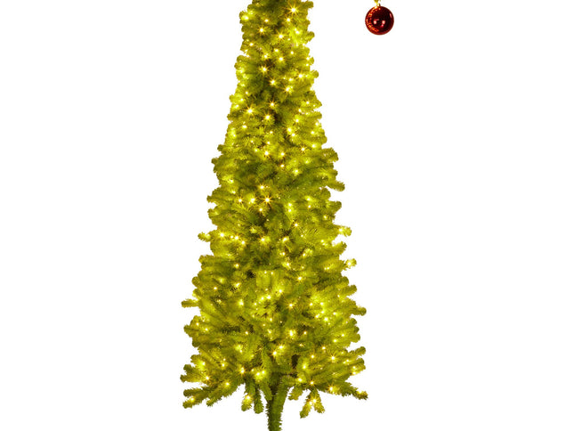 Christabelle 7.5ft Christmas Gremlin Tree Curved Top Red Bauble Built-in Green White LED Lights Control Base & Cord