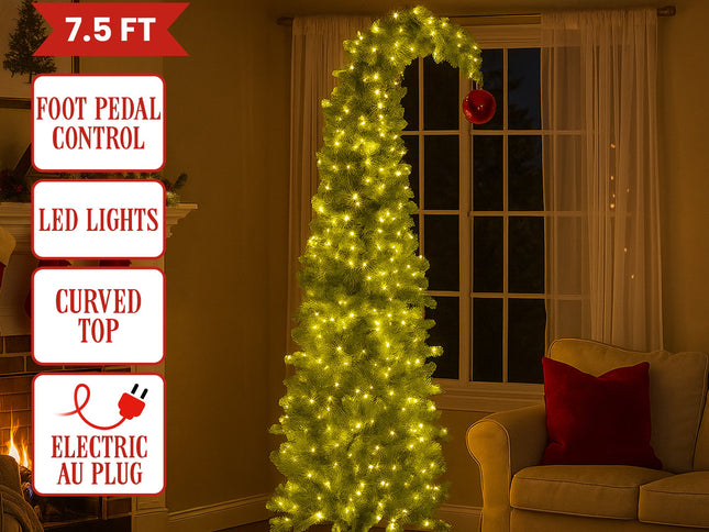 Christabelle 7.5ft Christmas Gremlin Tree Curved Top Red Bauble Built-in Green White LED Lights Control Base & Cord