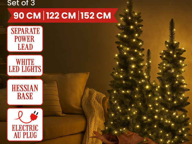 Christabelle Set of 3 Pre-Lit Christmas Trees Green Pine w/LED Lights, Hessian Base & Individual Plugs Varying Heights