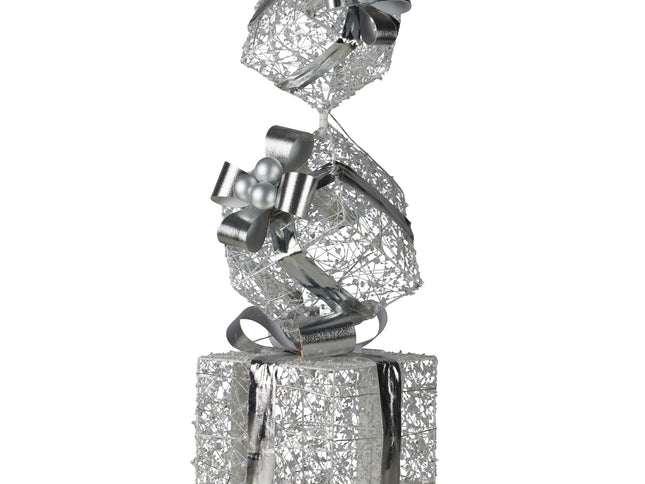 Swishmas 83cm Triple Christmas Silver Giftbox Stack Display with Lights