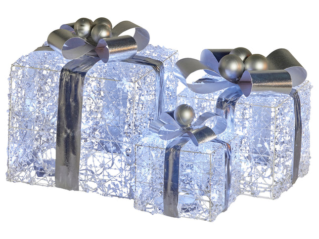 Swishmas Set Of 3 Christmas Gift Boxes With Lights With Jewelled Wire And Silver Bows
