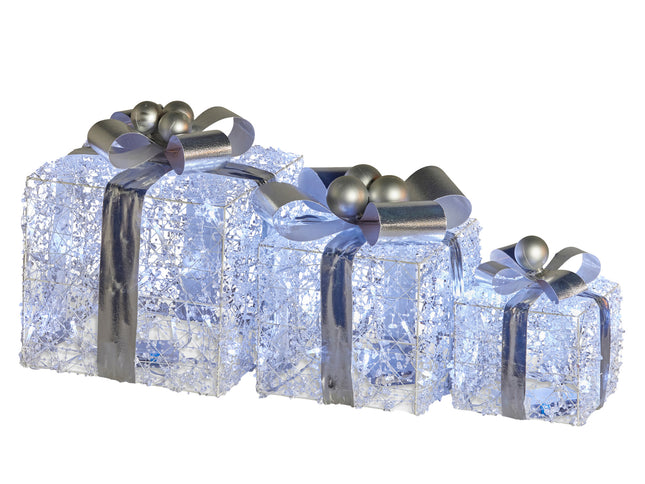 Swishmas Set Of 3 Christmas Gift Boxes With Lights With Jewelled Wire And Silver Bows