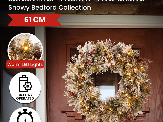 Christabelle 61cm Snowy Christmas Wreath Bedford with LED Lights Front Door Decoration Ornament