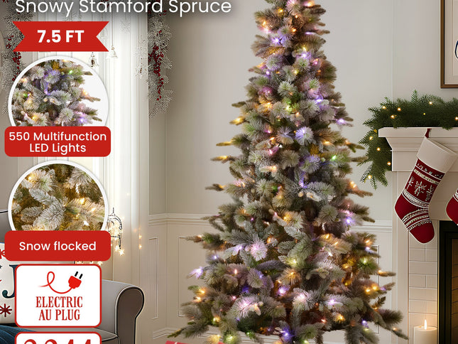 National Tree Company Snowy Stamford Spruce 7.5ft Christmas Tree Multi Functional White Coloured LED Lights & Foot Pedal